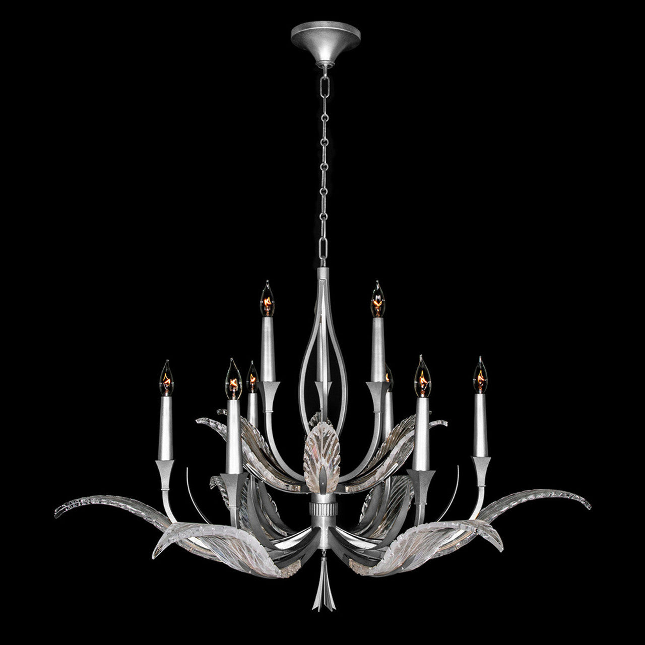 Plume Chandelier, Round, 9-Light, Silver Leaf, Clear Crystal & Opaline Dichroic Glass Plumes, 45"W (893640-1ST NH17)