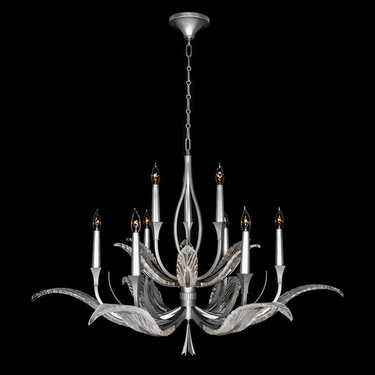 Plume Chandelier, Round, 9-Light, Silver Leaf, Clear Crystal & Opaline Dichroic Glass Plumes, 45"W (893640-1ST NH17)