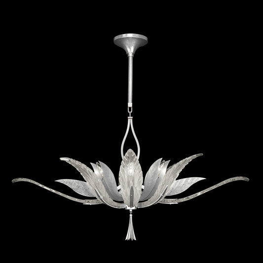 Plume Pendant, Oblong, 8-Light, Silver Leaf, Clear Crystal & Opaline Dichroic Glass Plumes, 40"W (893740-11ST NKYF)