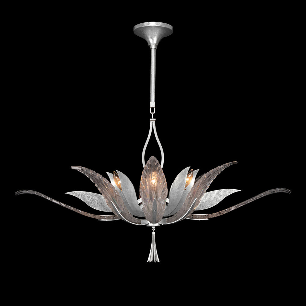 Plume Pendant, Oblong, 8-Light, Silver Leaf, Clear Crystal & Opaline Dichroic Glass Plumes, 40"W (893740-1ST NH19)