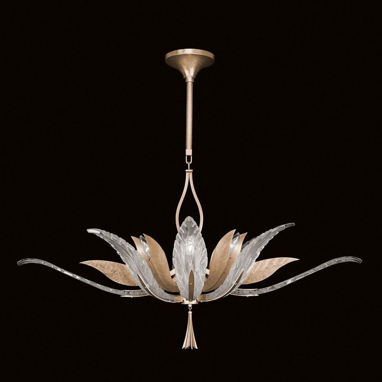 Plume Pendant, Oblong, 8-Light, Gold Leaf, Clear Crystal & Opaline Dichroic Glass Plumes, 40"W (893740-21ST NKYG)