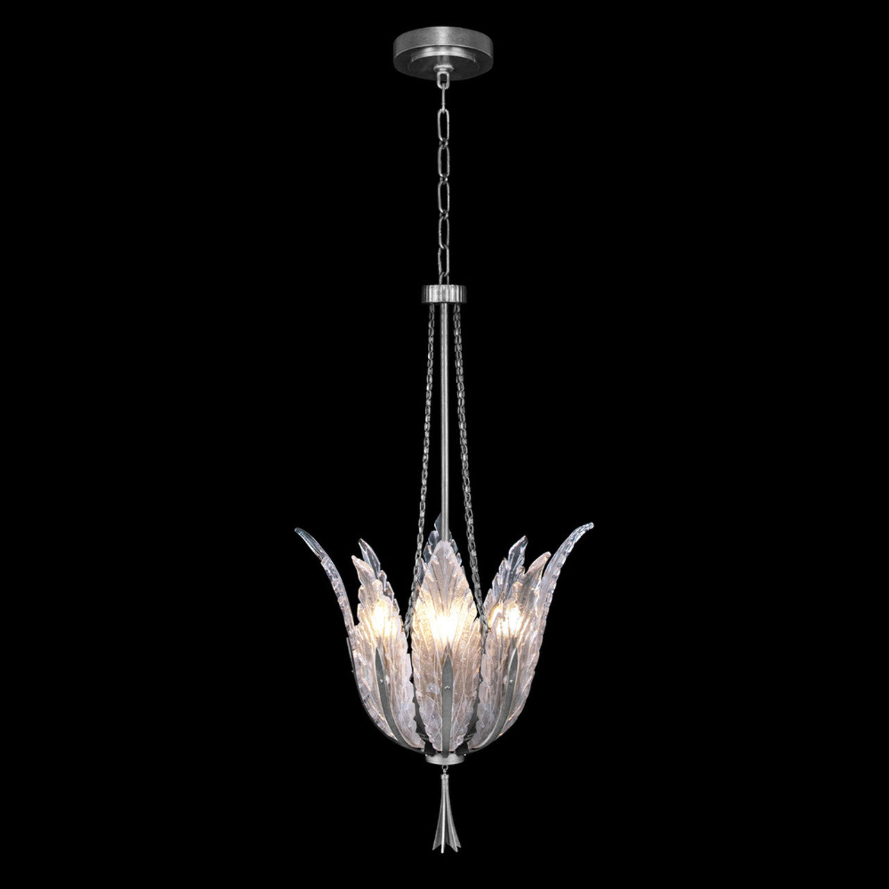 Plume Pendant, Round, 4-Light, Silver Leaf, Clear Crystal & Opaline Dichroic Glass Plumes, 17.5"W (893940-1ST NH1C)