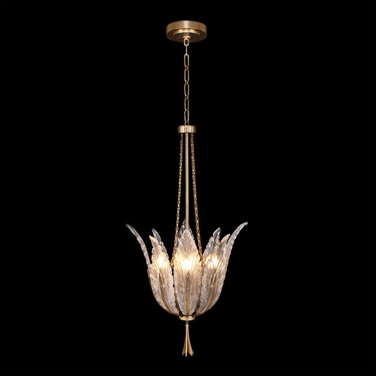 Plume Pendant, Round, 4-Light, Gold Leaf, Clear Crystal & Opaline Dichroic Glass Plumes, 17.5"W (893940-2ST NH1D)