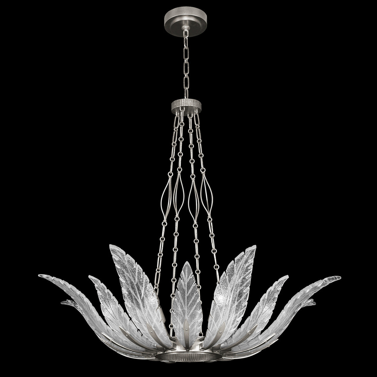 Plume Pendant, Round, 8-Light, Silver Leaf, Clear Crystal & Opaline Dichroic Glass Plumes, 39"W (894040-11ST NKYK)