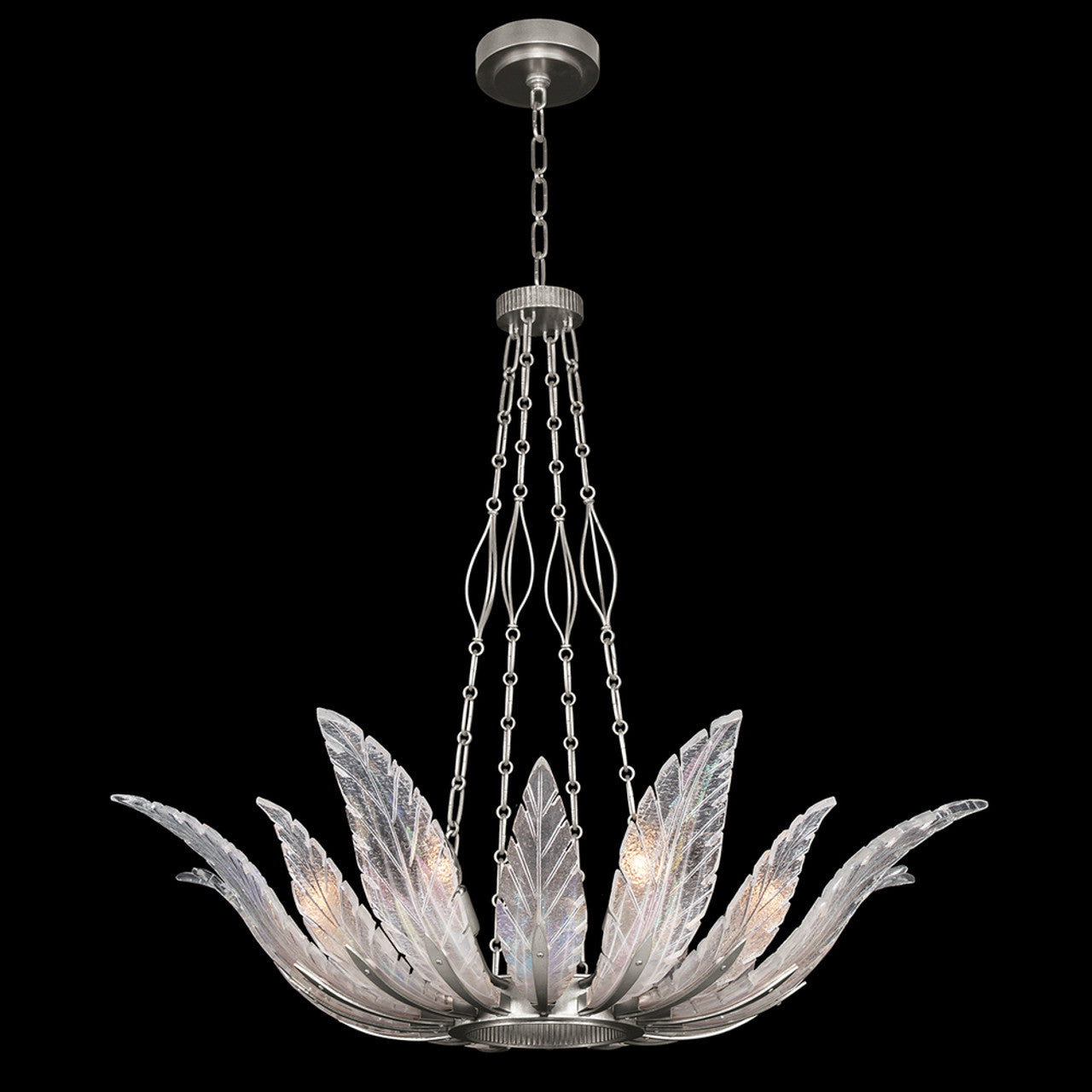 Plume Pendant, Round, 8-Light, Silver Leaf, Clear Crystal & Opaline Dichroic Glass Plumes, 39"W (894040-1ST NH1E)