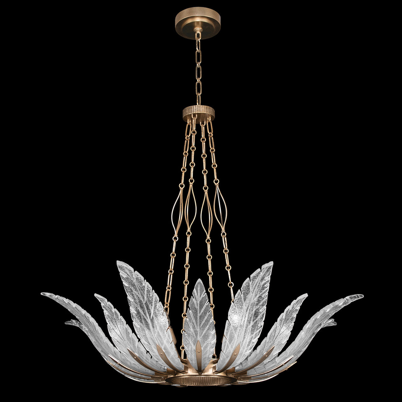 Plume Pendant, Round, 8-Light, Gold Leaf, Clear Crystal & Opaline Dichroic Glass Plumes, 39"W (894040-21ST NKYL)