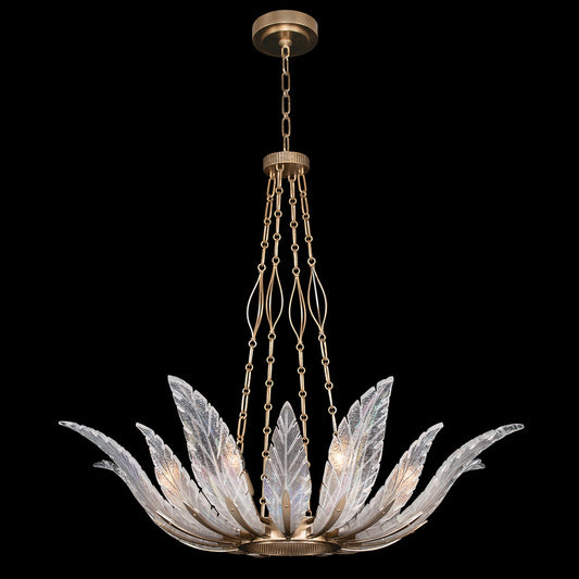 Plume Pendant, Round, 8-Light, Gold Leaf, Clear Crystal & Opaline Dichroic Glass Plumes, 39"W (894040-2ST NH0U)