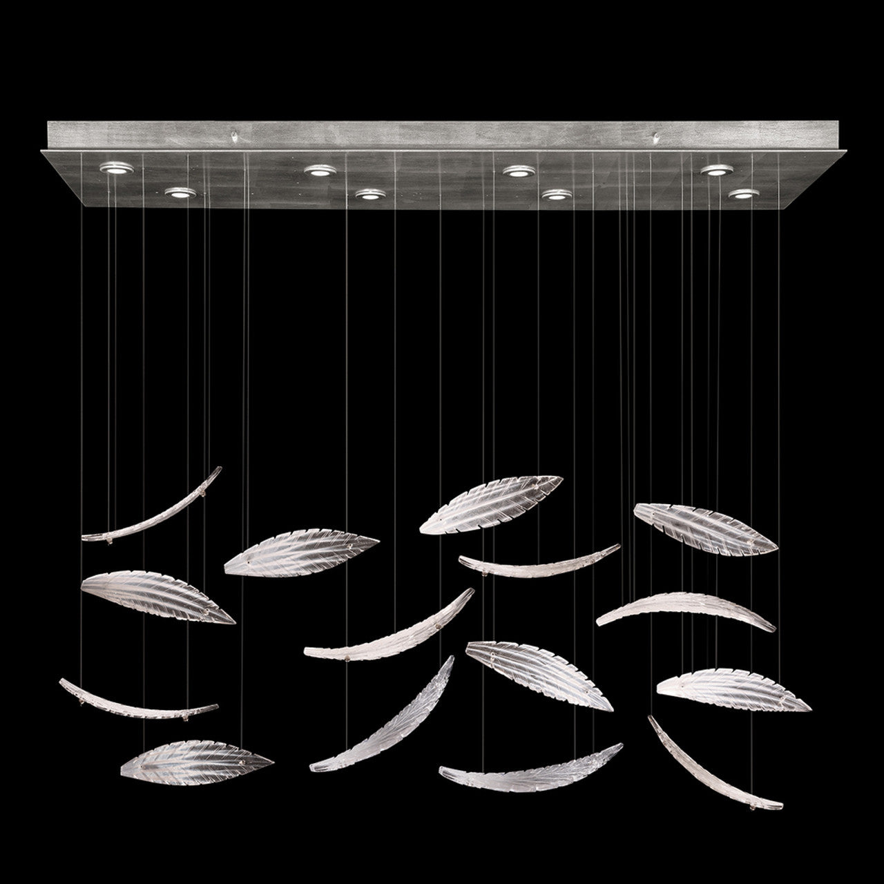 Elevate Linear Chandelier, Plume, 8-Light, LED, Clear Crystal & White Glass, Silver Leaf Canopy, 54"W (894840-122ST NKYW)