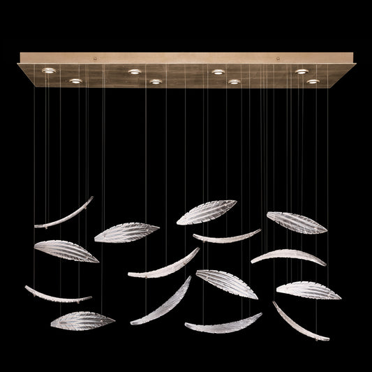 Elevate Linear Chandelier, Plume, 8-Light, LED, Clear Crystal & White Glass, Gold Leaf Canopy, 54"W (894840-222ST NKZ3)