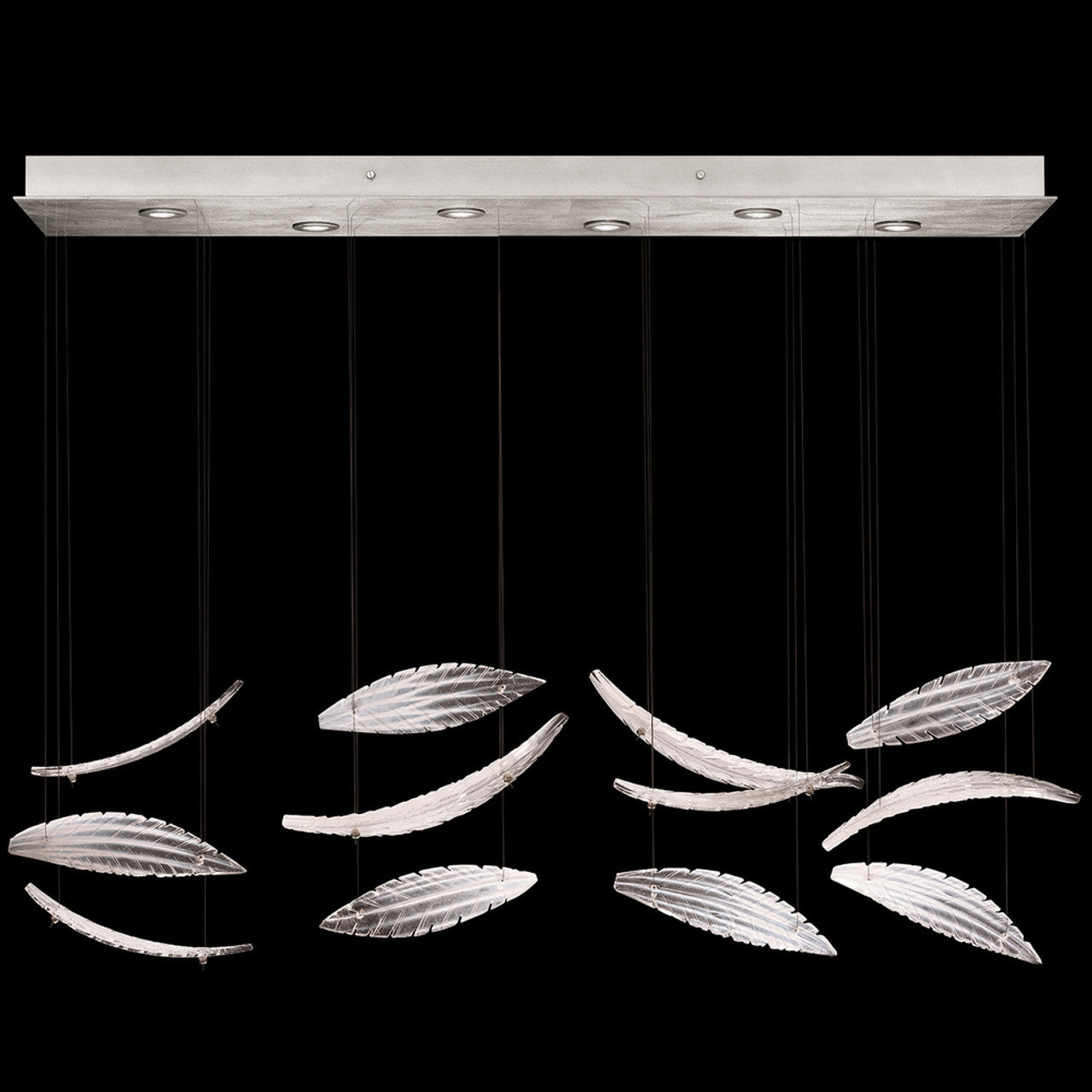 Elevate Linear Chandelier, Plume, 6-Light, LED, Clear Crystal & White Glass, Silver Leaf Canopy, 51"W (895140-121ST NKZ9)