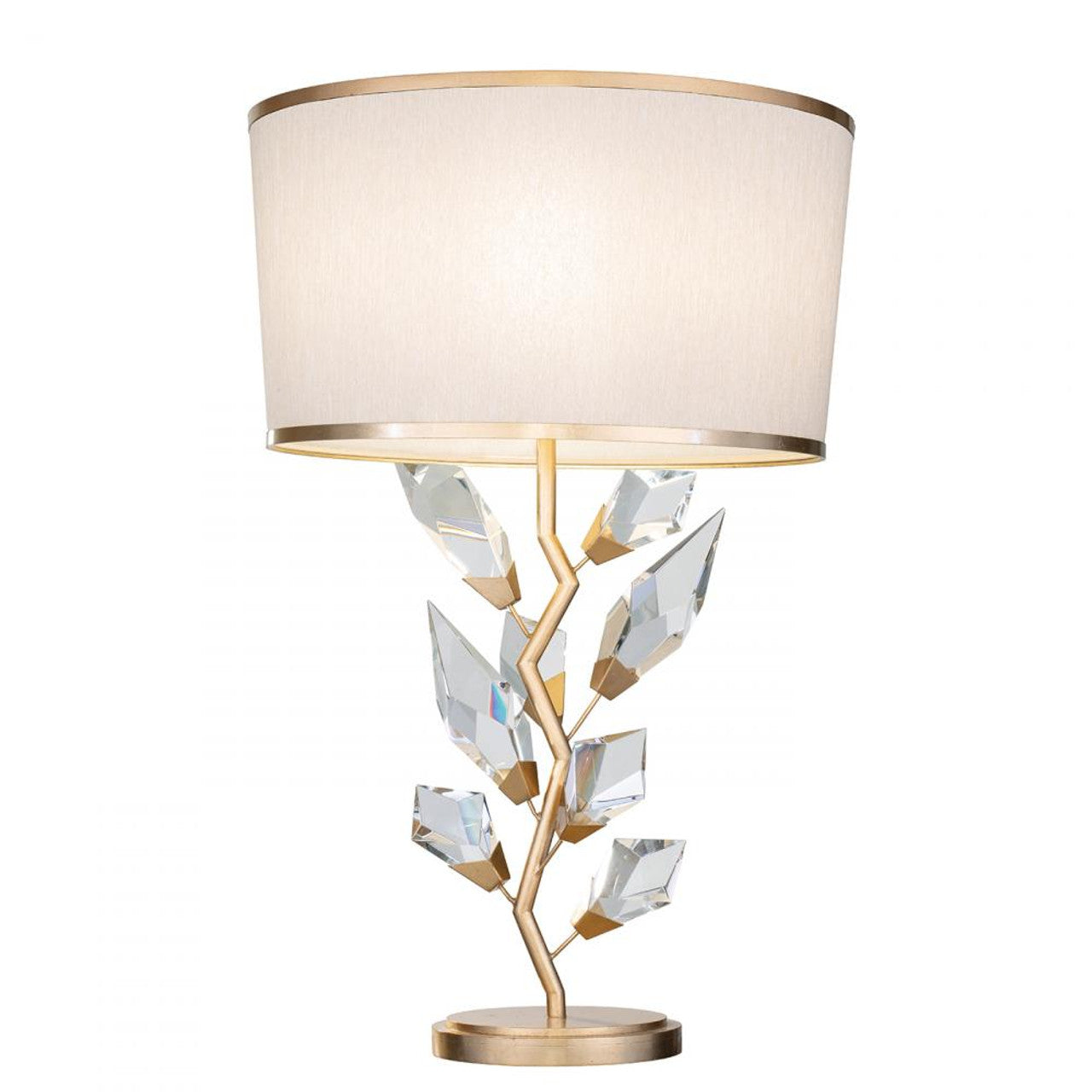 Foret Table Lamp, 1-Light, Gold, Faceted Crystal Leaves, Champagne with Gold Trim Fabric Shade, 30"H (908010-2ST NG10)