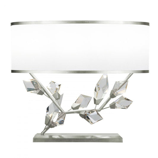 Foret Table Lamp, 2-Light, Silver, Faceted Crystal Leaves, White with Silver Trim Fabric Shade, 21.5"H (908510-1ST NG14)