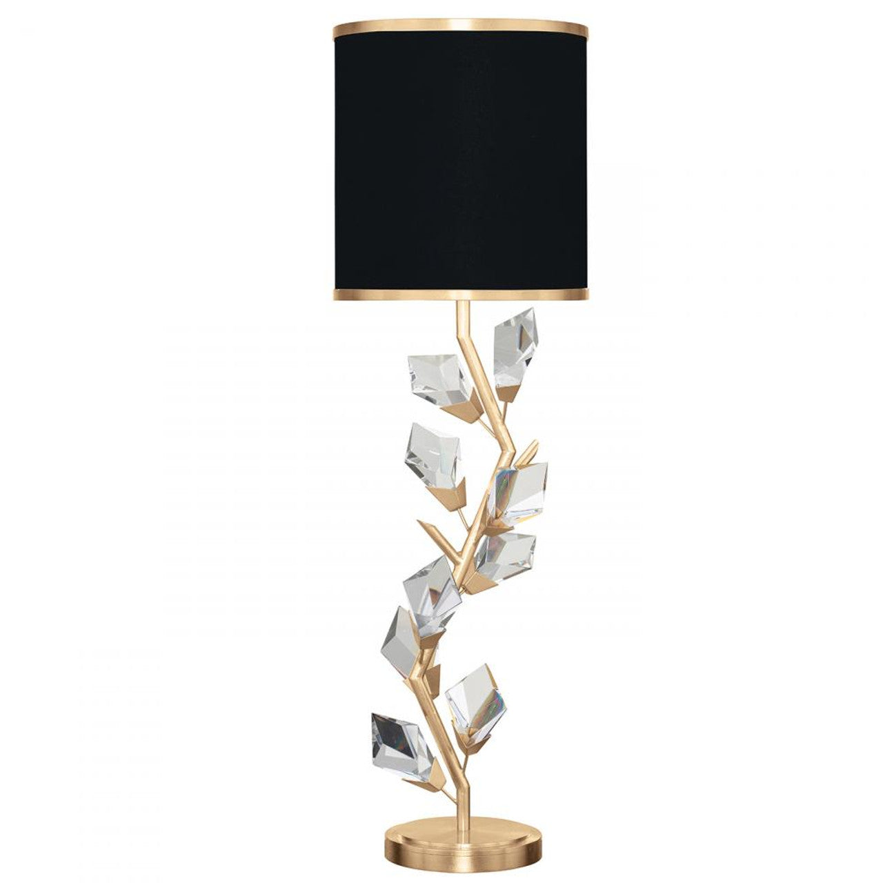 Foret Console Lamp, 1-Light, Gold, Faceted Crystal Leaves, Black with Gold Trim Fabric Shade, 35.5"H (908815-21ST NG1L)