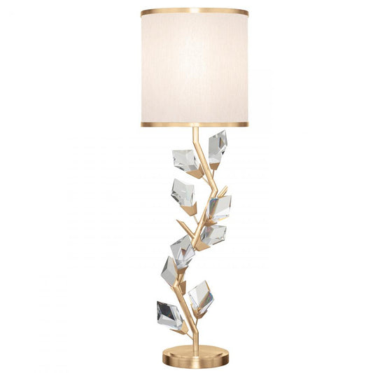 Foret Console Lamp, 1-Light, Gold, Faceted Crystal Leaves, Champagne with Gold Trim Fabric Shade, 35.5"H (908815-2ST NG1M)