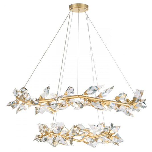 Foret Pendant, Round, 20-Light, Gold, Faceted Crystal Leaves, 55"W (909140-2ST NG1H)