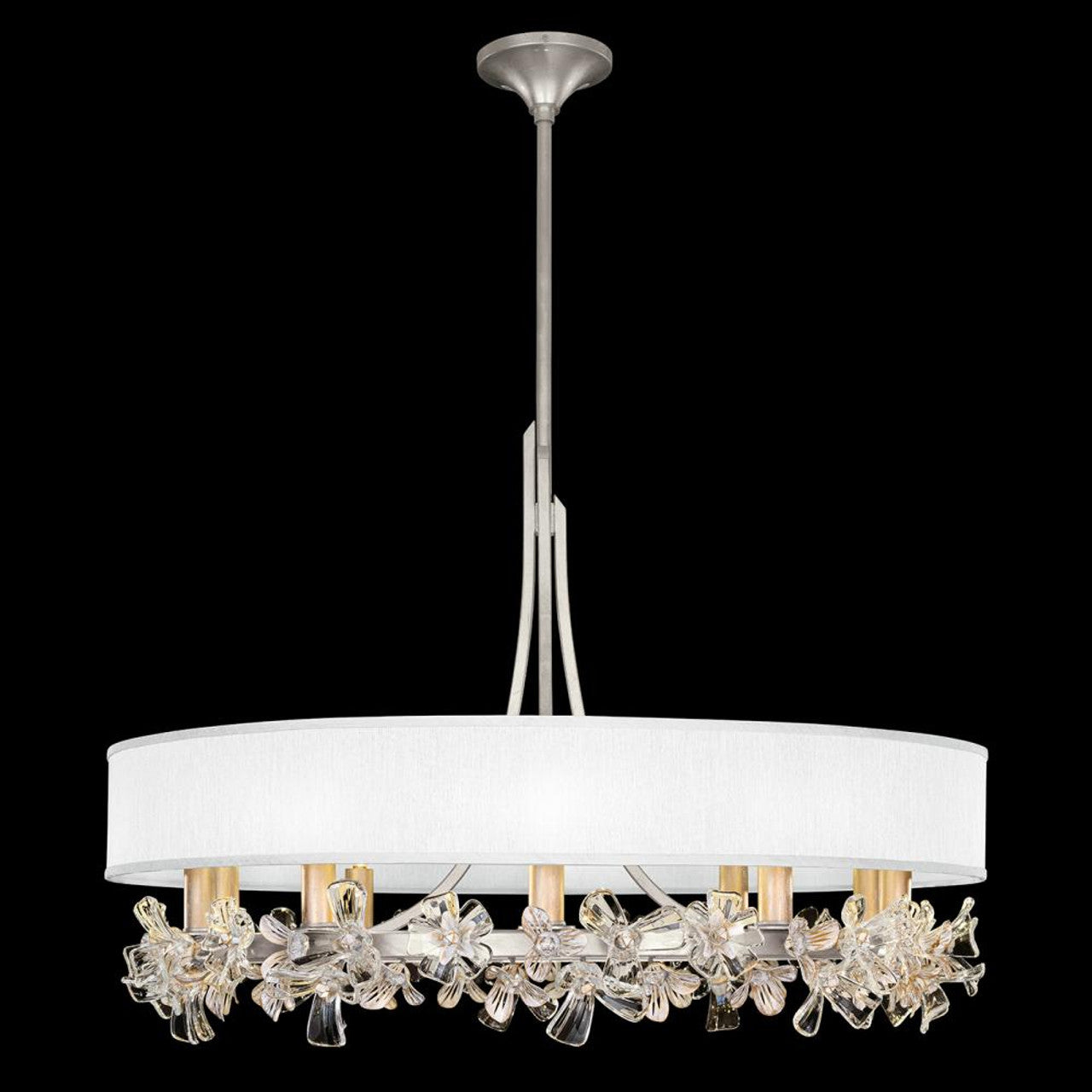 Azu Chandelier, Round, 10-Light, Silver, White Fabric Shade, 34.5"W (915240-11ST NLXY)