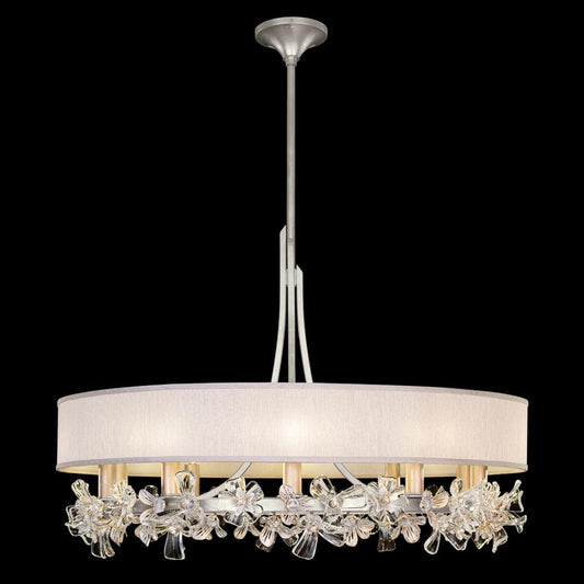 Azu Chandelier, Round, 10-Light, Silver, Champagne Fabric Shade, 34.5"W (915240-12ST NLXZ)