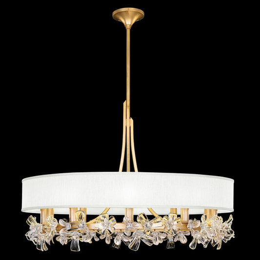 Azu Chandelier, Round, 10-Light, Gold, White Fabric Shade, 34.5"W (915240-21ST NLY2)