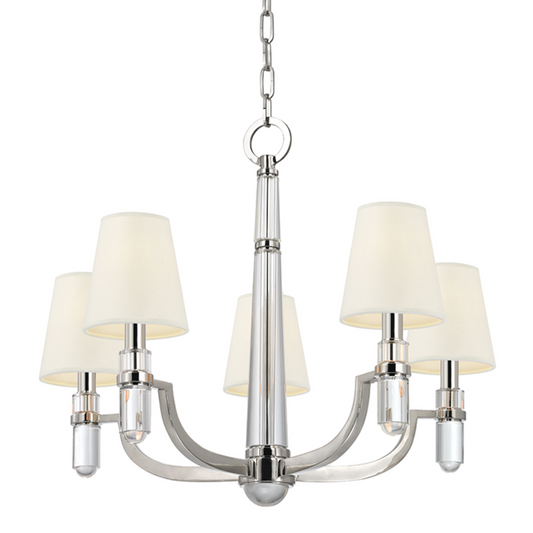 Dayton Chandelier, 5-Light, Polished Nickel, White Shade, 25"W (985-PN-WS 9W8MP)