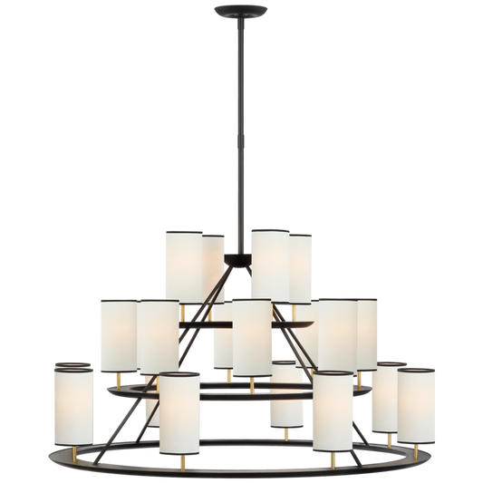 Trevi X-Large 3-Tier Chandelier, 20-Light, LED, Matte Black, Gild, Linen Shade, 43.5"W (ARN 5285BLK/G-L/BT D02UK)