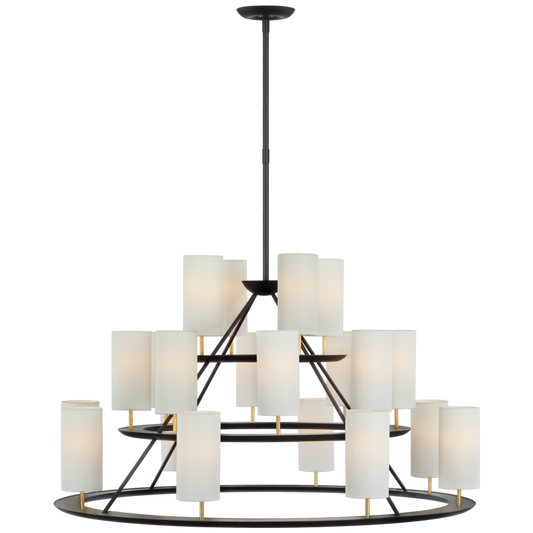 Trevi X-Large 3-Tier Chandelier, 20-Light, LED, Matte Black, Gild, Linen Shade, 43.5"W (ARN 5285BLK/G-L D02UJ)