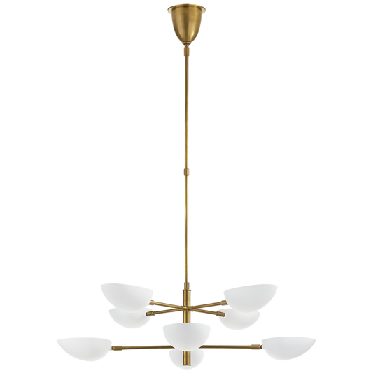 Graphic Large Two-Tier Chandelier, 8-Light, Hand-Rubbed Antique Brass, Matte White Shade, 38"W (ARN 5501HAB-WHT CHUFU)