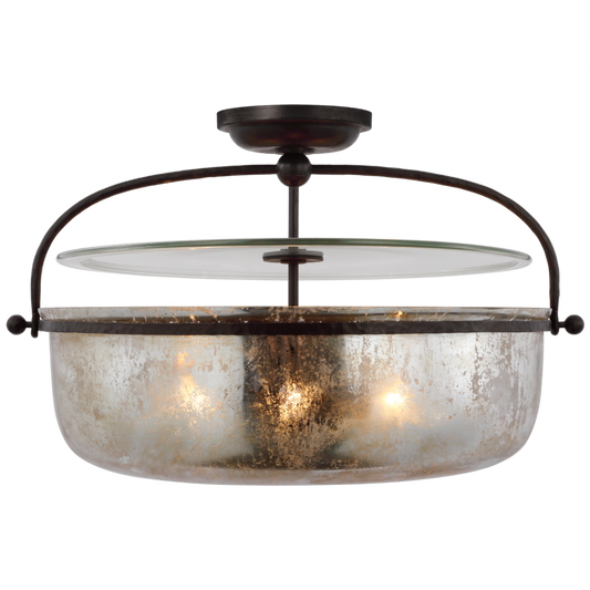 Lorford Large Semi Flush Lantern - Aged Iron and Antique Mercury Glass