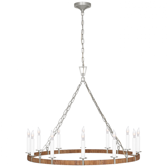 Darlana Large Wrapped Ring Chandelier - Polished Nickel and Natural Rattan