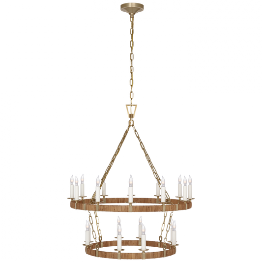 Darlana Medium Two Tier Chandelier - Antique-Burnished Brass and Natural Rattan