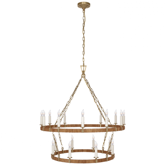 Darlana Large Two Tier Chandelier - Antique-Burnished Brass and Natural Rattan