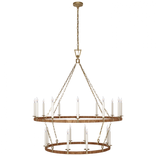 Darlana Extra Large Two Tier Chandelier - Antique-Burnished Brass and Natural Rattan