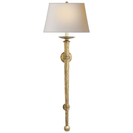 Long Iron Torch Wall Sconce, 1-Light, Gilded Iron, Natural Paper Rectangle Shade, 36"H (CHD 1407GI-NP 2JXV8)