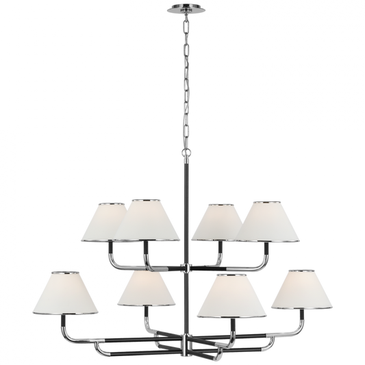 Rigby Grande Two-Tier Chandelier, 8-Light, LED, Polished Nickel, Ebony, Linen Shade, 48.75"W (MF 5057PN/EB-L D01RR)