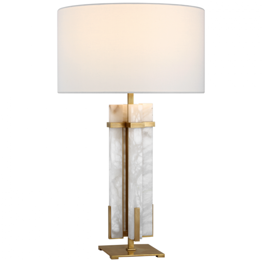 Malik Large Table Lamp, 1-Light, Hand-Rubbed Antique Brass and Alabaster, Linen Shade, 30"H (S 3910HAB/ALB-L CWZ4K)