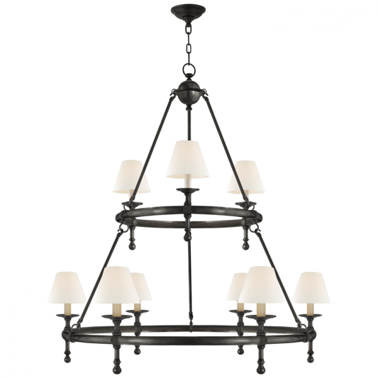 Classic Two-Tier Ring Chandelier, 9-Light, Bronze, Linen Shade, 44"W (SL 5813BZ-L D30JK)