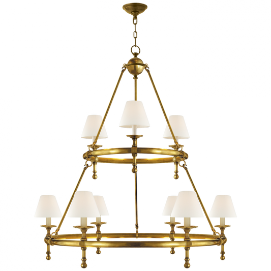 Classic Two-Tier Ring Chandelier, 9-Light, Hand-Rubbed Antique Brass, Linen Shade, 44"W (SL 5813HAB-L D05PF)