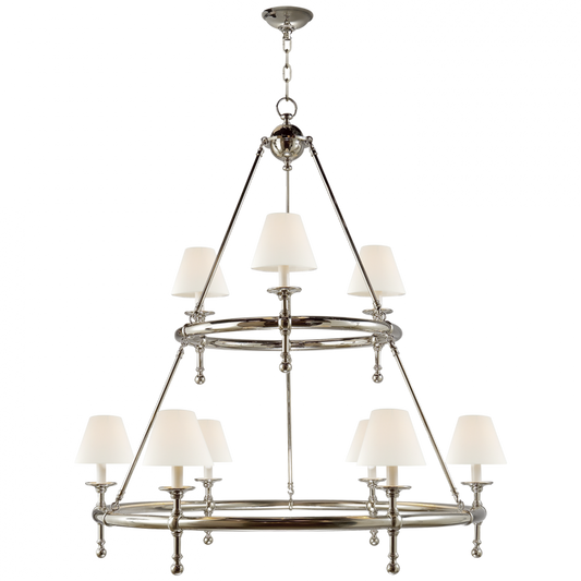 Classic Two-Tier Ring Chandelier, 9-Light, Polished Nickel, Linen Shade, 44"W (SL 5813PN-L D30KK)