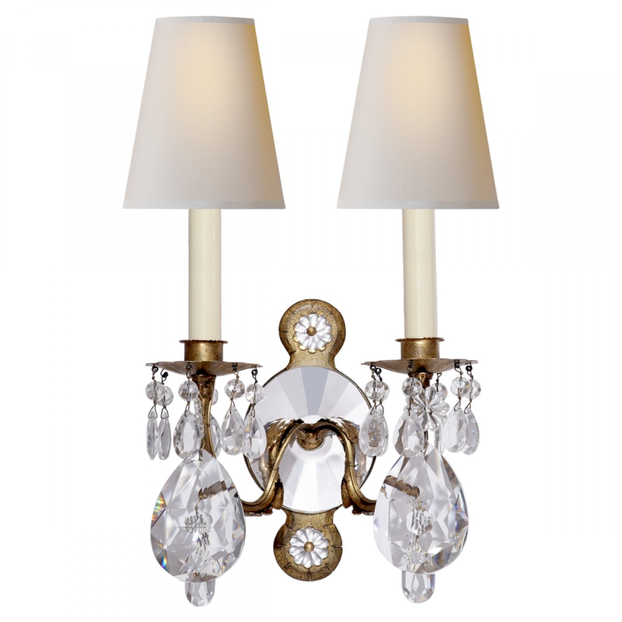 Yves Crystal Single Arm Wall Sconce, 2-Light, Gilded Iron, Crystal, Natural Percale Shade, 19"H (TOB 2471GI/CG-PL 2R43G)