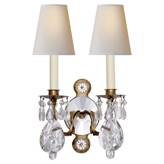 Yves Crystal Single Arm Wall Sconce, 2-Light, Gilded Iron, Crystal, Natural Percale Shade, 19"H (TOB 2471GI/CG-PL 2R43G)