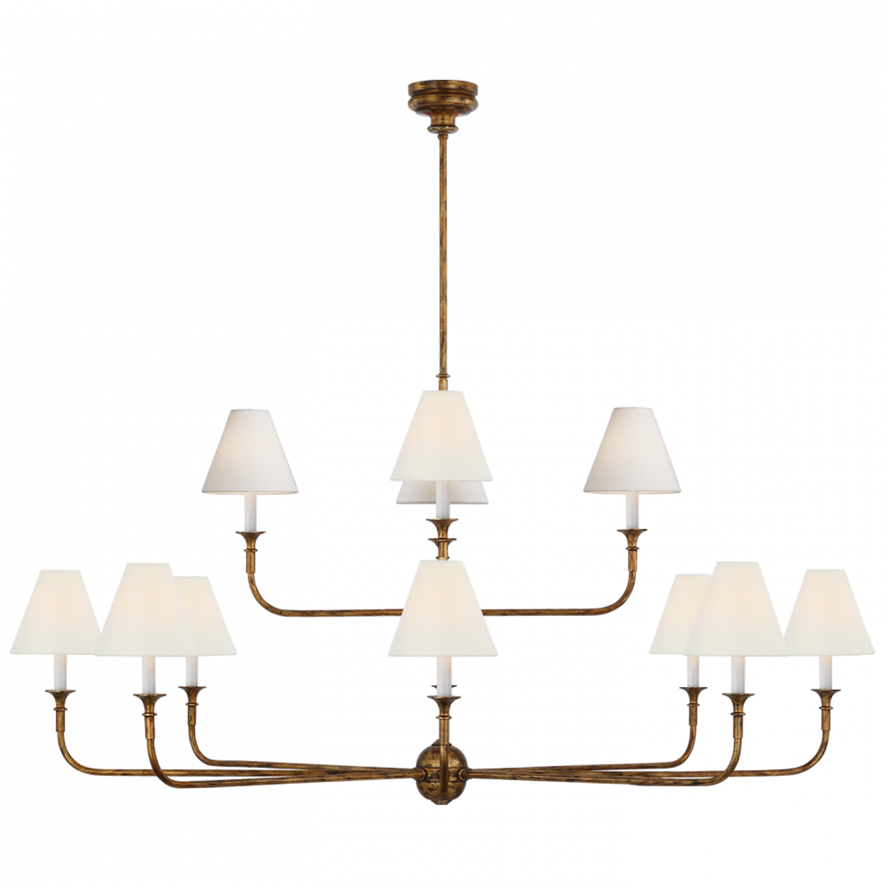 Piaf Grande Two-Tier Chandelier, 12-Light, LED, Antique Gild, Linen Shade, 58"W (TOB 5453AG-L D01TR)