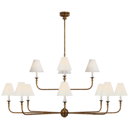 Piaf Grande Two-Tier Chandelier, 12-Light, LED, Antique Gild, Linen Shade, 58"W (TOB 5453AG-L D01TR)