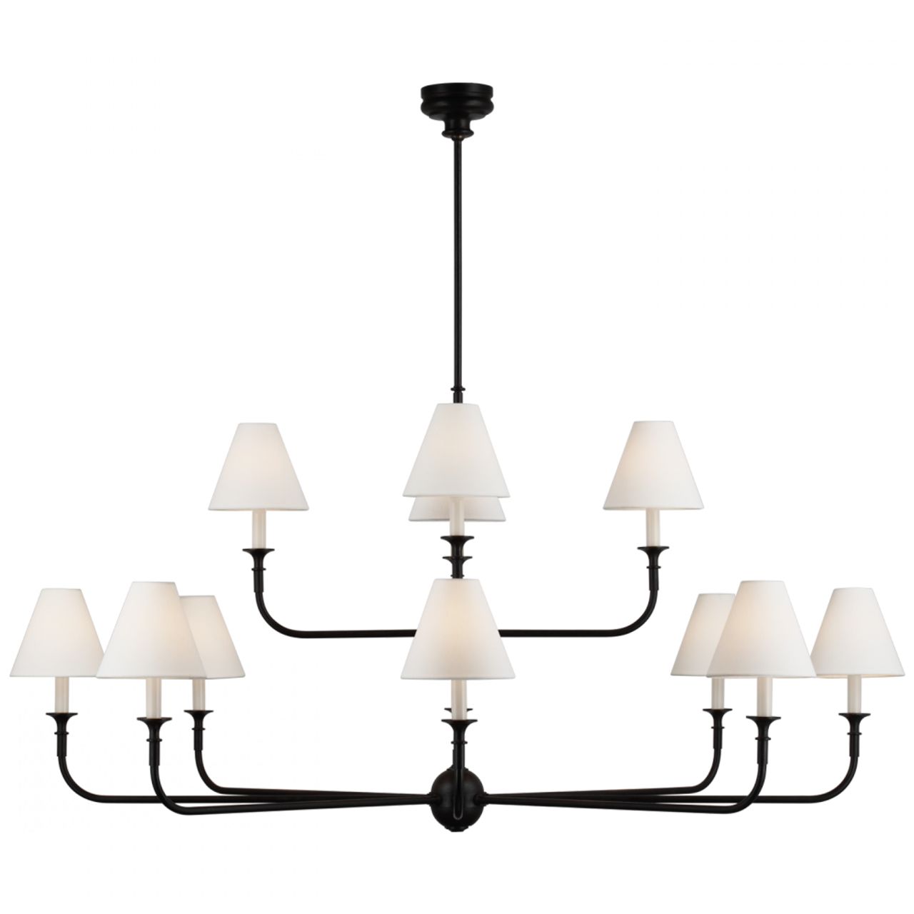 Piaf Grande Two-Tier Chandelier, 12-Light, LED, Aged Iron, Ebonized Oak, Linen Shade, 58"W (TOB 5453AI/EBO-L CWZ4Q)