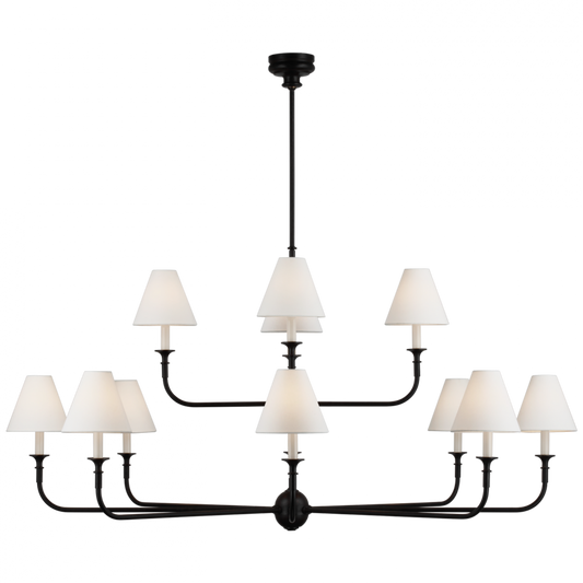 Piaf Grande Two-Tier Chandelier, 12-Light, LED, Aged Iron, Ebonized Oak, Linen Shade, 58"W (TOB 5453AI/EBO-L CWZ4Q)