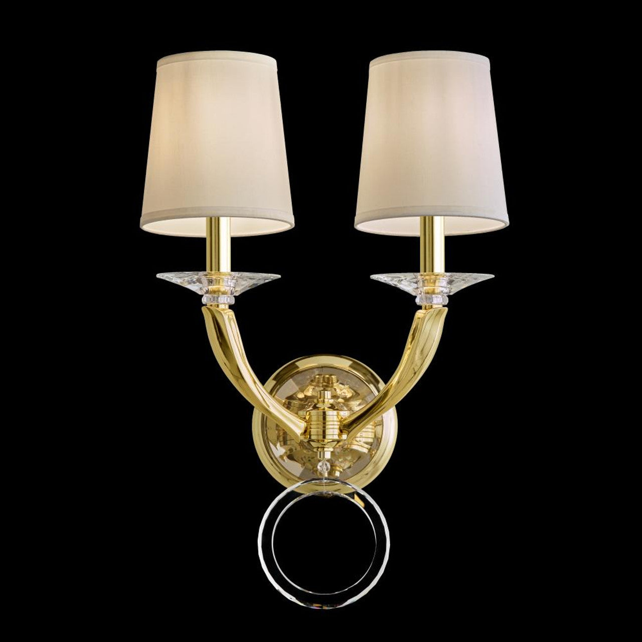 Emilea Wall Sconce, 2-Light, French Gold, Clear Optic Crystal, Hardback Off White Shade, 20"H (MA1002N-26O 1HZWHG)