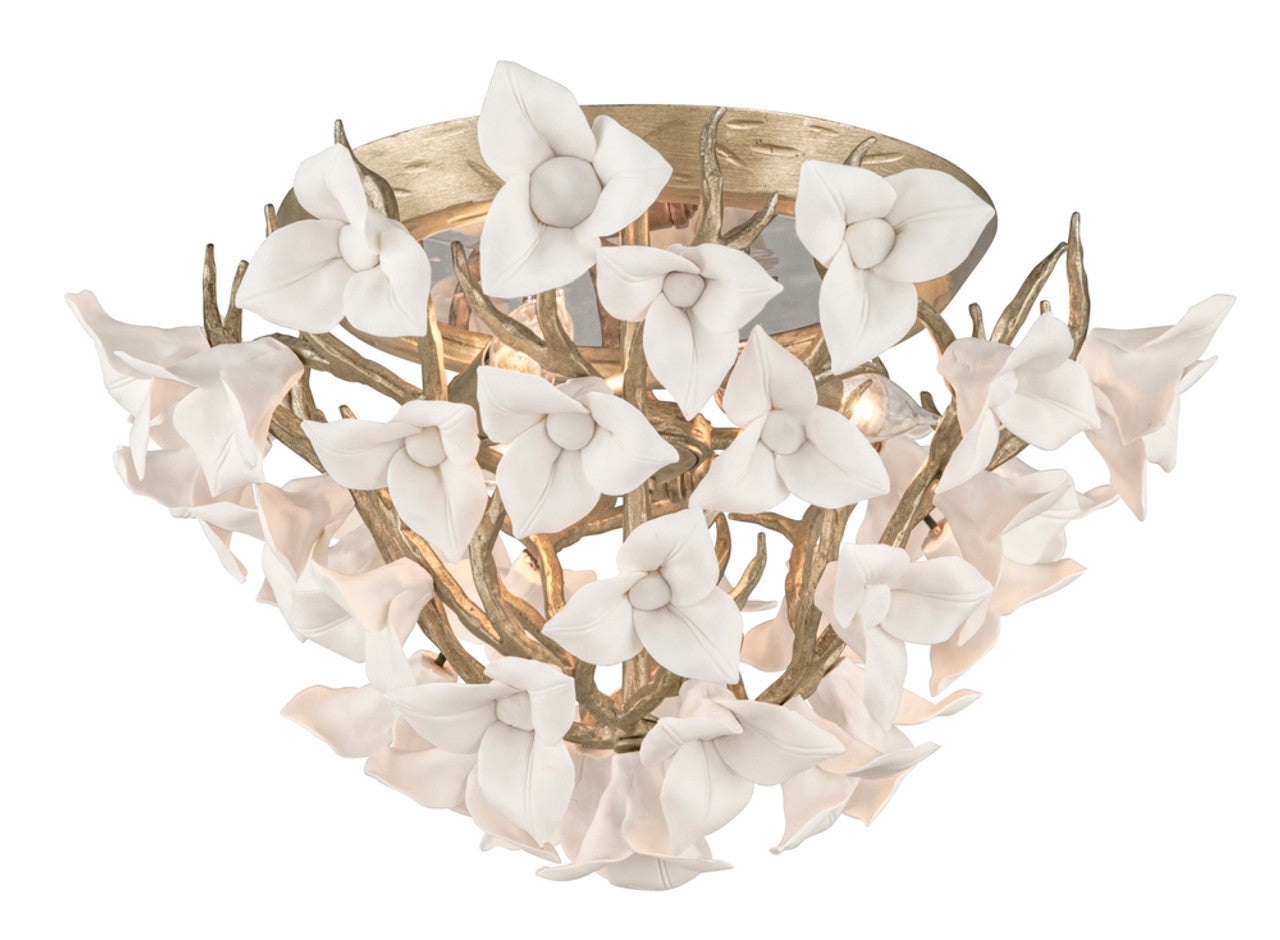 Lily Flush Mount, 4-Light, Enchanted Silver Leaf, Porcelain Flowers Shade, 18.25"W (211-34 8YJN)