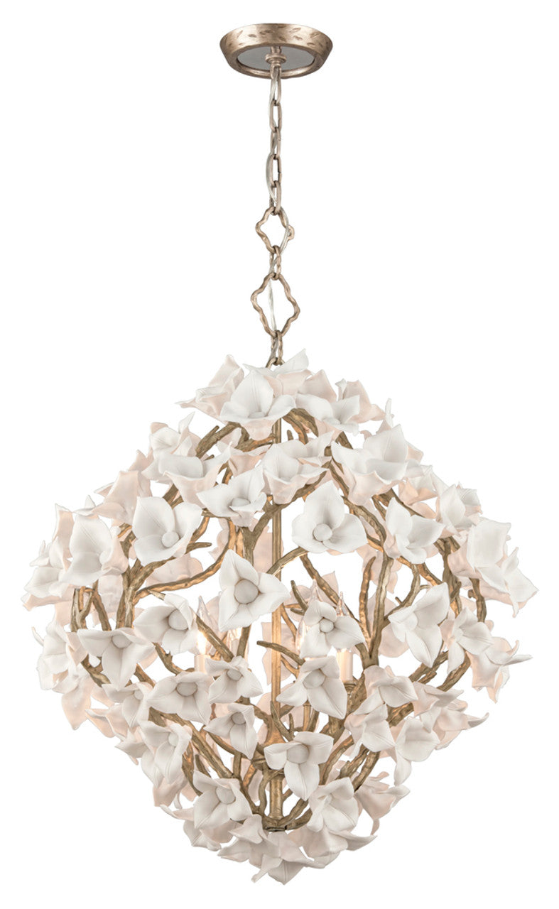 Lily Pendant, 6-Light, Enchanted Silver Leaf, Porcelain Flowers Shade, 26.25"W (211-46 8YJP)