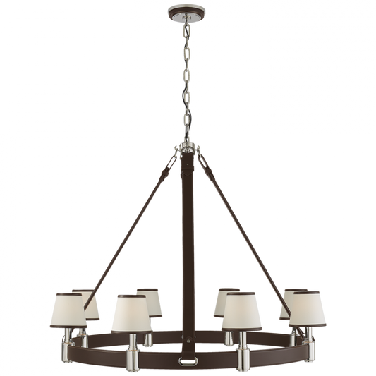 Riley Large Ring Chandelier - Polished Nickel and Chocolate Leather