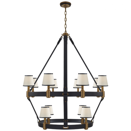 Riley Large Two Tier Chandelier - Natural Brass and Navy Leather