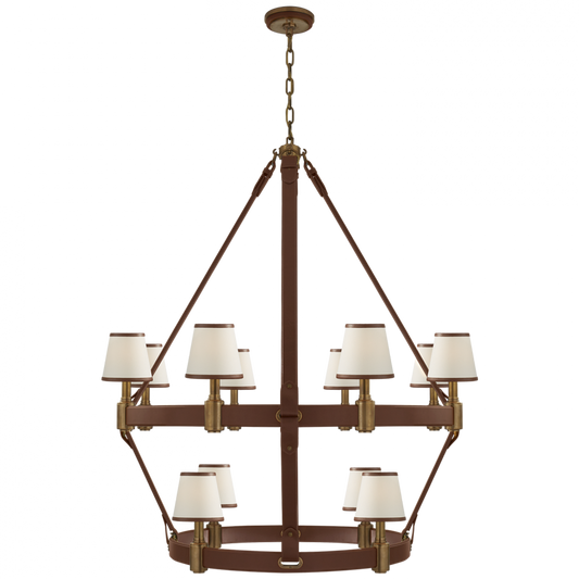 Riley Large Two Tier Chandelier - Natural Brass and Saddle Leather