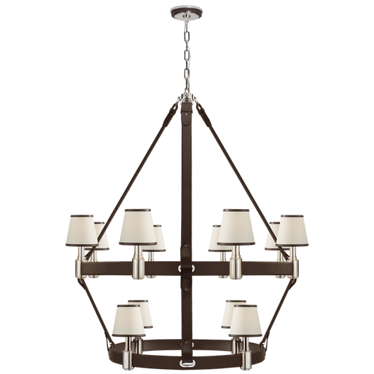 Riley Large Two Tier Chandelier - Polished Nickel and Chocolate Leather